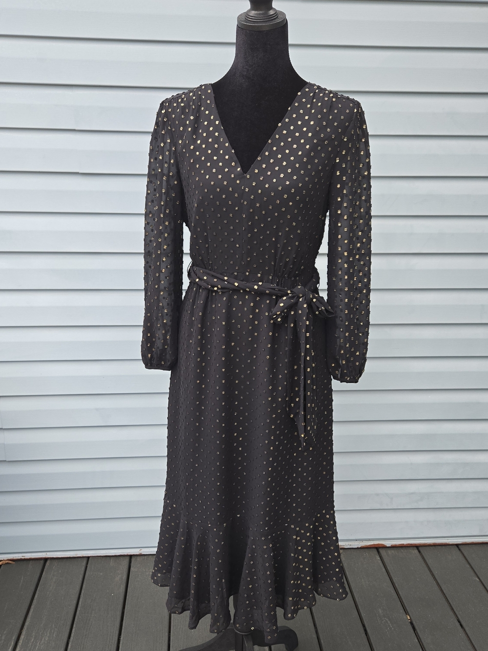 J.Crew Big-Bow Midi Dress Gold Clip Dot Black Sheer Size 0 Holiday Witchy Moody
